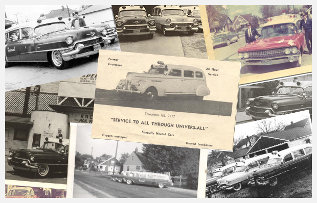 A collage of old and yellowed images of ambulances